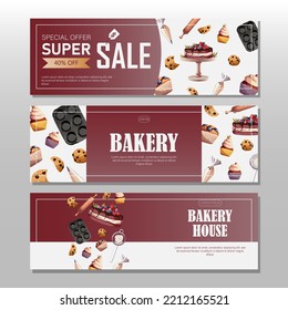 Ilustración vectorial para panaderías, tiendas, carteles, promoción, confitería, cafés, restaurantes. Conjunto de plantillas de volantes de utensilios de cocina, pastelería, texto sobre fondo horizontal en color burdeos y blanco. 
