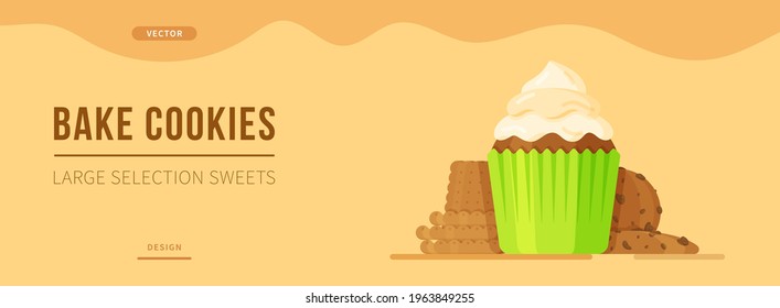 Vector illustration of a bakery banner. Delicious insulated cookie cupcake made by hand. Fresh and delicious baked goods on a beautiful marble brown background. Fresh bakery baking. 