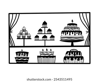 Ilustración vectorial de un mostrador de panadería que muestra una variedad de deliciosos cupcakes y pasteles en estilo doodle