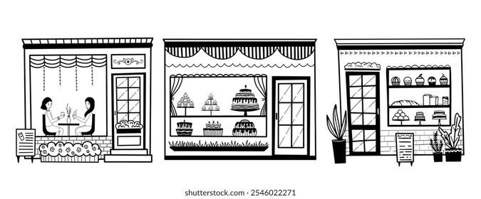 Ilustración vectorial de un mostrador de panadería que muestra una variedad de deliciosos cupcakes y pasteles en estilo doodle. Acogedora cafetería dos chicas están bebiendo café. Las damas están sentadas bebiendo.