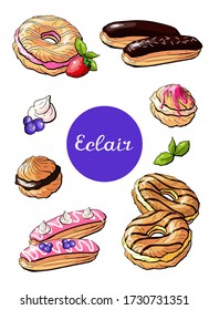Vector illustration bakery eclair elements set