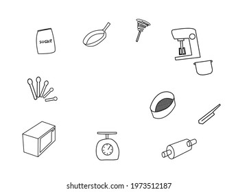 Vector illustration of bakery equipment In doodles style.