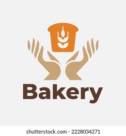 Vector illustration of bakery icon. Bread logo. Silhouette of a loaf on hands for a bakery. Design of bakery products with spikelets of wheat, rye. Bun icon.