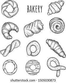 Vector illustration of bakery icons set. Croissant, pretzel, bun, donut, swirl, bread, cookie. Vintage hand drawn style.