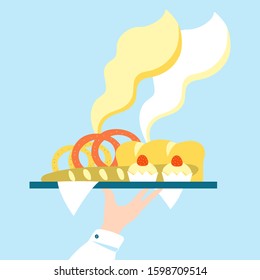 Vector illustration of 
bakery products. Bread, pretzel, baguette and cupcakes.