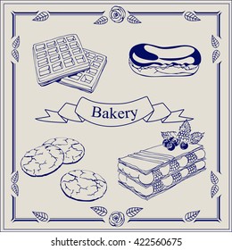 Vector illustration of bakery products isolated. Frame in vintage 
 style with floral pattern.Graphic Figure cakes and waffles. . Colored picture in the style of hand-drawing .Menu.