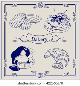 Vector illustration of bakery products isolated. Frame and banner in vintage 
 style with floral pattern. Colored picture in the style of hand-drawing .Menu.Graphic Figure cakes