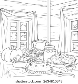 Vector illustration, bakery products for lunch in a village house, coloring
