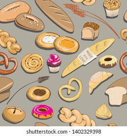 Vector illustration of bakery products on grey background. Seamless pattern