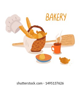 Vector illustration of bakery products. Still life with a wicker basket full of fresh broad and croissants, chef hat, cute tea mug, wood shovel on white background.