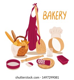 Vector illustration of bakery products and tools isolated on white. Wicker basket full of fresh bread and croissants, apron, chef hat, sieve, measuring cup, wood shovel,  baking dish, dough knife.