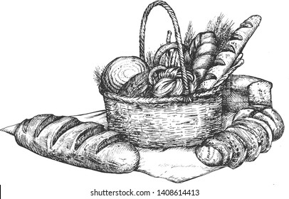 Vector illustration of bakery set. Still life of fresh baked bread sliced loaf, bun, baguette, weave in basket with wheat for craft rustic shop and farmers market. Vintage hand drawn style.