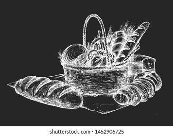 Vector illustration of bakery set. Still life of fresh baked bread sliced loaf, bun, baguette, weave in basket with wheat for craft rustic shop and farmers market. On black board chalk hand drawing