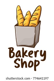 Vector illustration of bakery shop, with a bag full of home made baguette