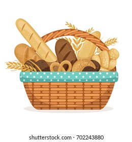 Vector illustration for bakery shop. Basket with wheat and fresh bread. Bakery bread in wicker basket, food healthy breakfast