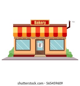 Vector illustration bakery shop front. Street local restaurant building exterior. European baker market facade.  Cafe storefront


