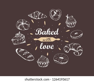 Vector illustration for bakery shops. Baked with love lettering. Circle shape composition from hand drawn bread.