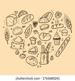 Ilustración vectorial para panaderías. Composición de forma cardíaca a partir de pan dibujado a mano en forma de boceto. El concepto de pancartas de pan recién hecho.