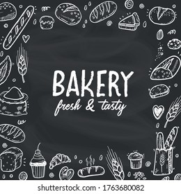 Vector illustration for bakery shops on a blackboard. Square frame composition from hand drawn bread in sketch style. Fresh bread poster concept.