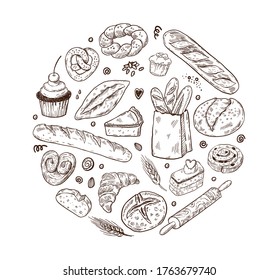 Vector illustration for bakery shops. Round shape composition from hand drawn bread in sketch style. Fresh bread poster concept.