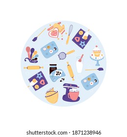 Vector illustration. Baking circle sticker with kitchen tools. Sweet life. Homemade cute cupcake and chocolate in modern flat style 