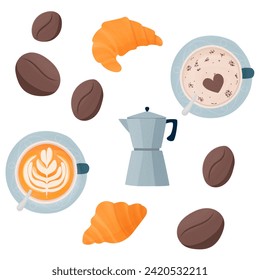 Ilustración vectorial. Hornear.  Croissant. Café