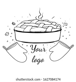 Vector illustration of a baking dish with a pie in it and oven gloves. Ready logo concept. Hand drawn illustration cartoon flat line art icon isolated on white background.