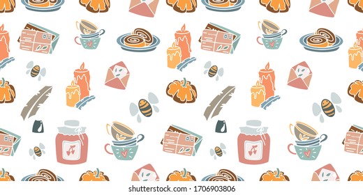 Vektorillustration-Illustration mit Backwaren, Umarmungen, Kerzen, Briefen, Marmelade und anderen Elementen. Nahtloses Muster