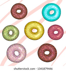 Vector illustration of baking poured over chocolate and pink icing. Multicolored donuts on a white background. Tasty breakfast. Image for decor and design. Advertising cafe and coffee house.