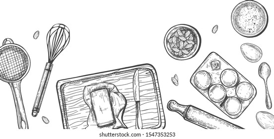 Vector illustration of baking process still life top view. Butter, eggs, flour, rolling pin, whisk, sieve, cutting board. Food preparation. Frame with empty space for text. Vintage hand drawn style.