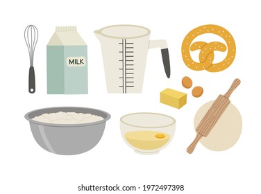 Vector illustration of baking products and tools. Whisk, milk, measuring cup, dough for kneading, flour, dough, rolling pin, eggs, butter. Suitable for illustrating cooking, recipes, healthy eating.