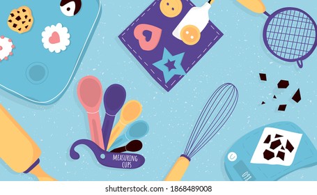 Vector illustration. Baking template banner with kitchen tools. Sweet life. Homemade cute cupcake and chocolate. 