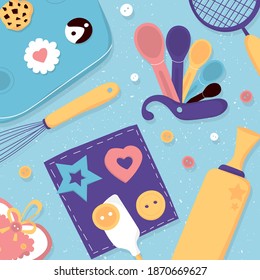 Vector illustration. Baking template banner with kitchen tools. Sweet life. Homemade cute cupcake and chocolate in modern flat style 