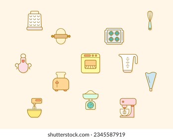 Ilustración vectorial de los elementos de una herramienta de cocción. Contiene utensilios de cocina, equipo, delantal, utensilios de cocina, panadería, báscula, masa, alfiler, horno y más. Estilo de ilustración plano 