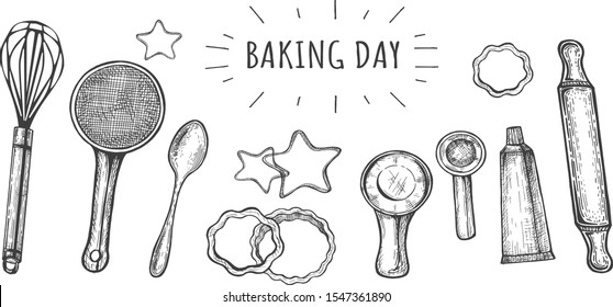 Vector illustration of baking tools set. Whisk, sieve, spoon, cookie cutters in shape of stars and flowers, measuring cup, rolling pin, icing syringe. Vintage hand drawn style.
