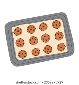 Vector illustration of a baking tray with chocolate chip cookies. Delicious homemade cakes isolated on a white background.