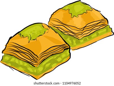 Vector illustration Baklava. Hand drawn traditional middle eastern dessert. Turkish desert