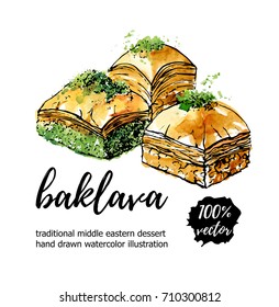 Vector illustration Baklava.  Hand drawn traditional middle eastern dessert. Black ink outline and bright watercolor texture isolated on white with place for your text. Card, poster, flyer design.