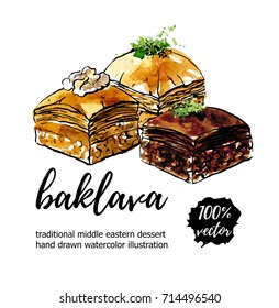 Vector illustration Baklava. Hand drawn middle eastern dessert with walnut, pistachio and chocolate. Black outline and watercolor texture on white with place for your text. Card, poster, flyer design.
