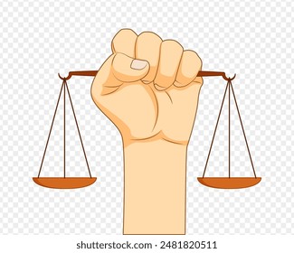 Vector illustration of balance scale in hand on transparent background