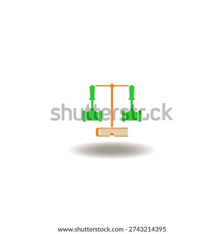 Vector illustration of balance scale with judges gavels instead of bowls and book instead of stand. Icon of justice. Symbol of lawyer.