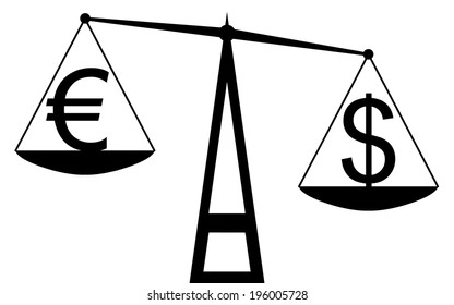 Vector / illustration. Balance that compare the euro with dollar, and the dollar is the winner.