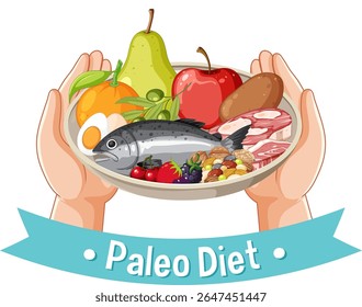 Vector illustration of a balanced paleo diet plate with fruits, vegetables, fish, and meat. Vibrant colors and clean composition