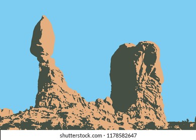 Vector illustration of the balanced rock formation in Arches National Park - Southern Utah, USA