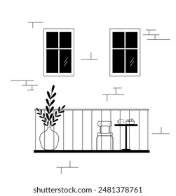 Vector illustration of a balcony with a table, chairs and a plant.