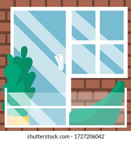 Vector illustration with balcony, window, door, armchair and plant in pot. Facade of home. Place of rest and work. 