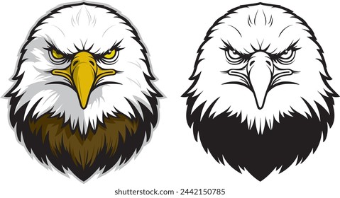 A vector illustration of a bald eagle facing forward. File includes both color and black and white drawings.