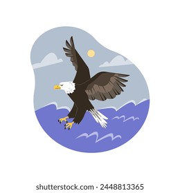 Vector illustration: a bald eagle flies over the water, hunting for fish against a beautiful sky with clouds. An icon for fans of bird watching, nature and ornithology themes