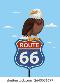 Vector illustration of a bald eagle on a Route 66 sign against a clear blue sky with clouds