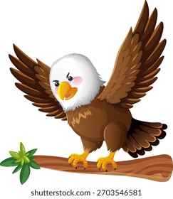 Ilustração vetorial de águia careca com asas abertas empoleiradas em galho, cores arrojadas, fundo branco